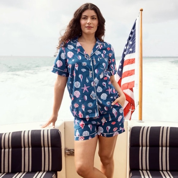 Printfresh Beachcomber Seashells 2 pc Pajama Set Top Shorts Organic Blue XXL - Picture 2 of 11